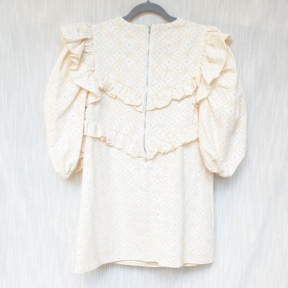 En Saison Cream Denim Embroidered Ruffle Short Dress, size S - Picture 3 of 8
